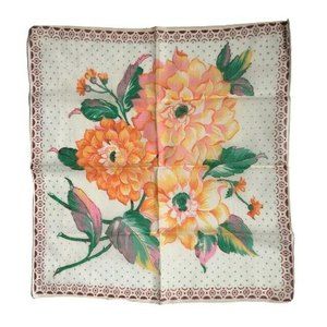 VINTAGE Ladies HANKY FLORAL PRINT Large Yellow Orange Dahlias Flowers w/ border
